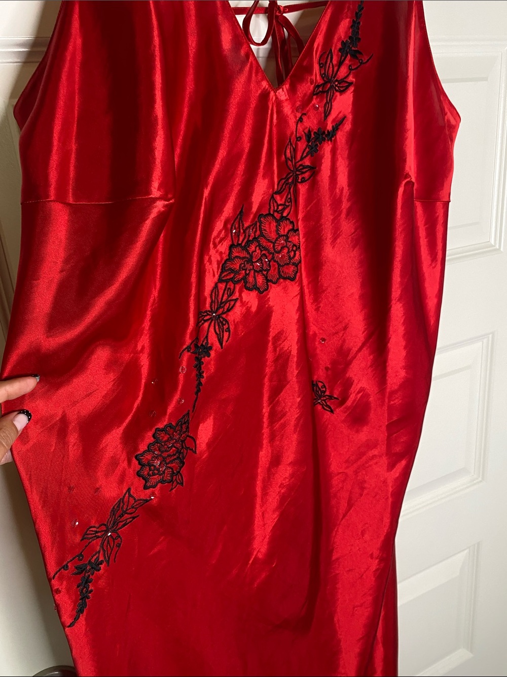 Cacique Red Satin Long Chemise with Black Floral Embroidery